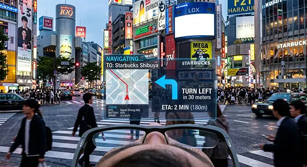 AI Smart Glasses AR navigation overlay with turn-by-turn directions display